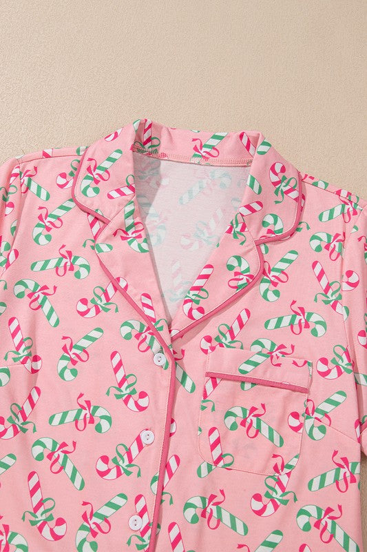 SHEWIN INC. Christmas Candy Cane Print Knotted Pajama Set