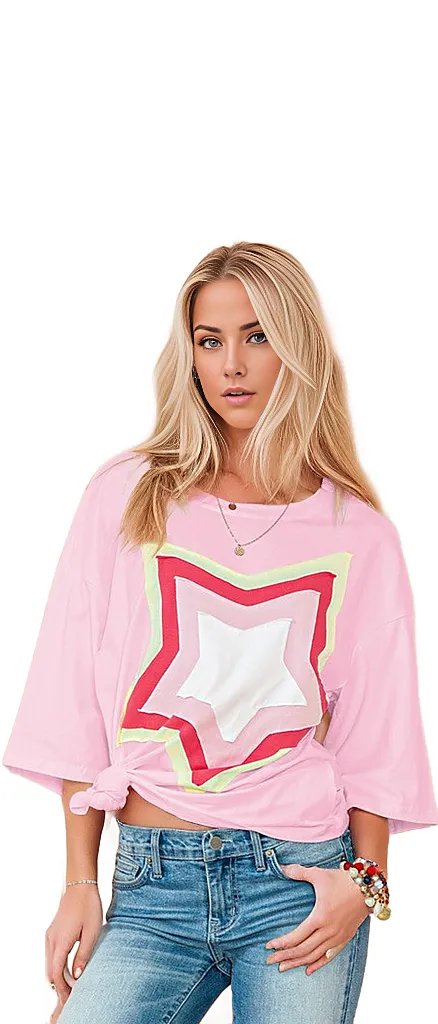 SHEWIN INC. T-shirts Colorblock Star Patched Half Sleeve Oversized Tee