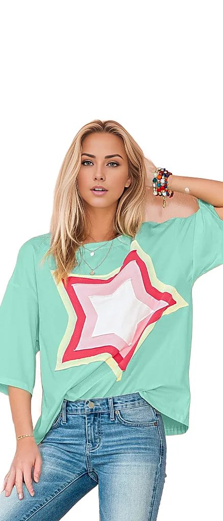 SHEWIN INC. T-shirts Colorblock Star Patched Half Sleeve Oversized Tee