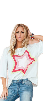 SHEWIN INC. T-shirts Colorblock Star Patched Half Sleeve Oversized Tee