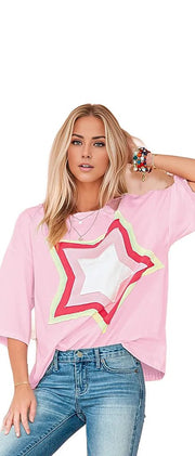 SHEWIN INC. T-shirts Colorblock Star Patched Half Sleeve Oversized Tee