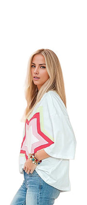 SHEWIN INC. T-shirts Colorblock Star Patched Half Sleeve Oversized Tee