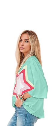 SHEWIN INC. T-shirts Colorblock Star Patched Half Sleeve Oversized Tee