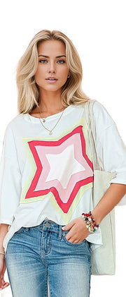 SHEWIN INC. T-shirts Colorblock Star Patched Half Sleeve Oversized Tee