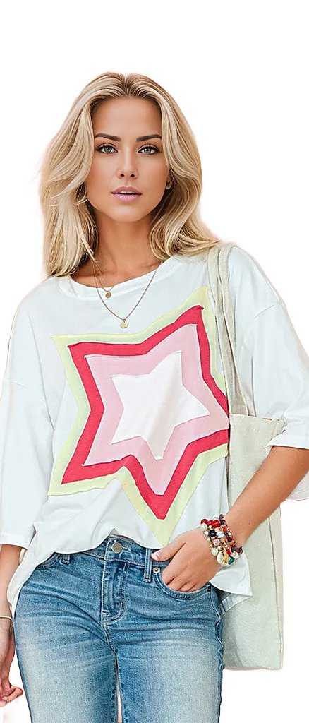 SHEWIN INC. T-shirts Colorblock Star Patched Half Sleeve Oversized Tee