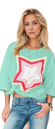 SHEWIN INC. T-shirts Colorblock Star Patched Half Sleeve Oversized Tee