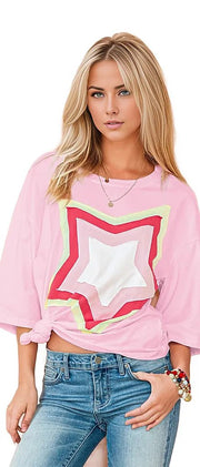 SHEWIN INC. T-shirts Colorblock Star Patched Half Sleeve Oversized Tee