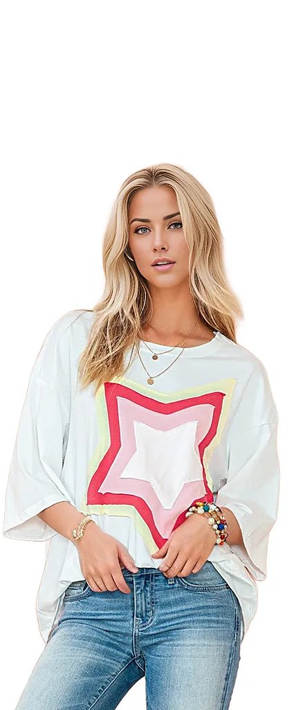 SHEWIN INC. T-shirts Colorblock Star Patched Half Sleeve Oversized Tee