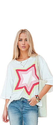 SHEWIN INC. T-shirts Colorblock Star Patched Half Sleeve Oversized Tee