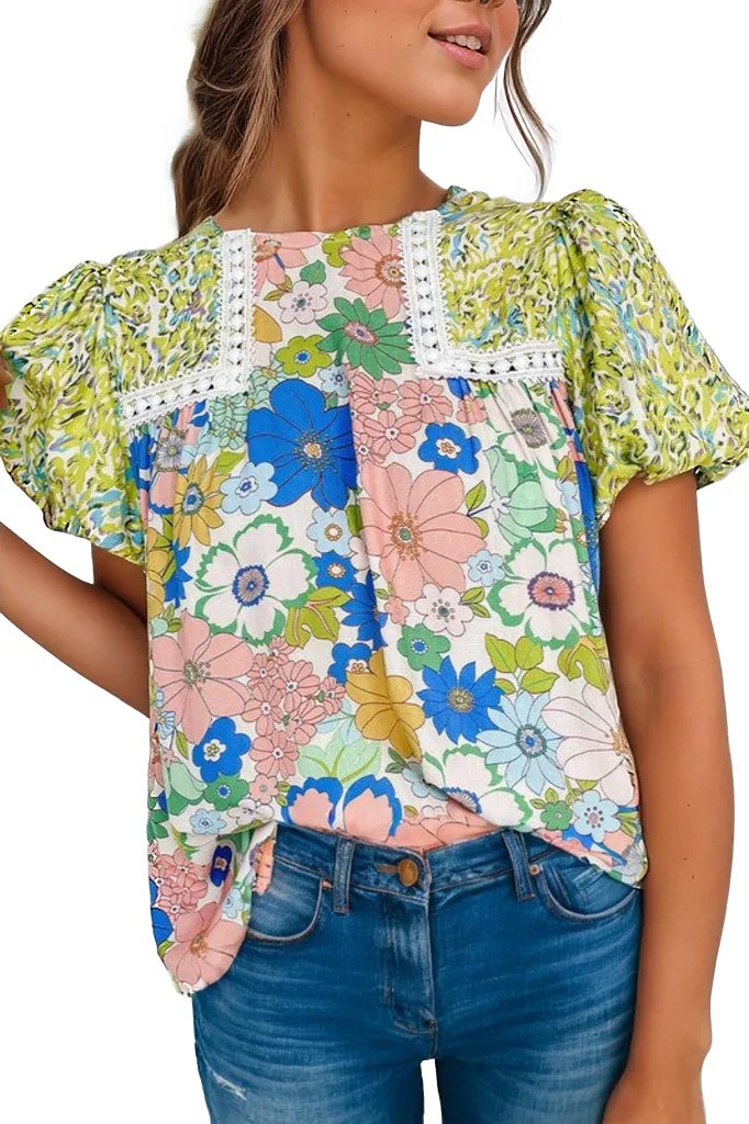 Bubble Sleeve Lace Trim Floral Mixed Print Blouse