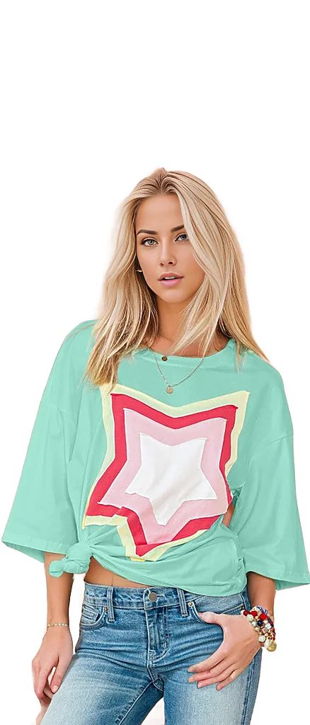 SHEWIN INC. T-shirts GREEN SW25224353-P2209 / S Colorblock Star Patched Half Sleeve Oversized Tee