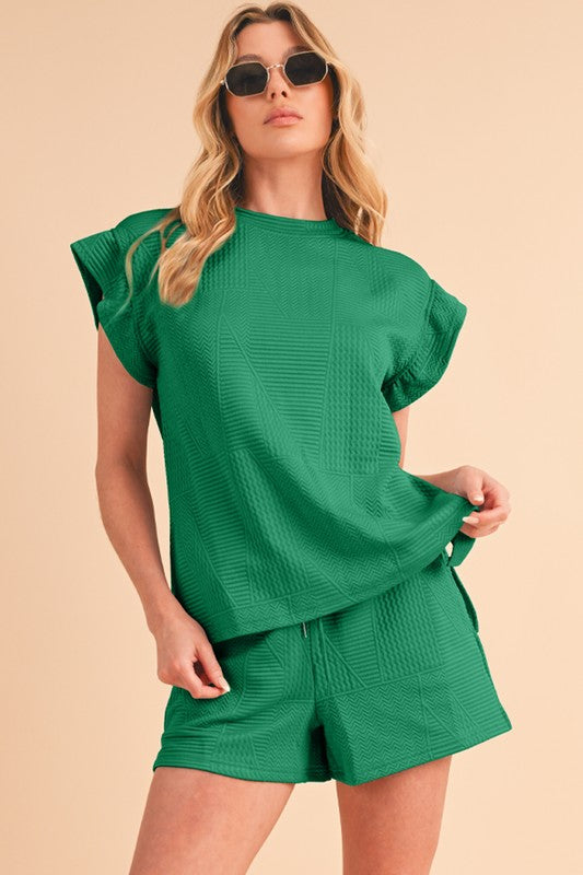 SHEWIN INC. Outfit Sets GREEN SW625933-P209 / S Textured Ruffle Split Top and Drawstring Shorts