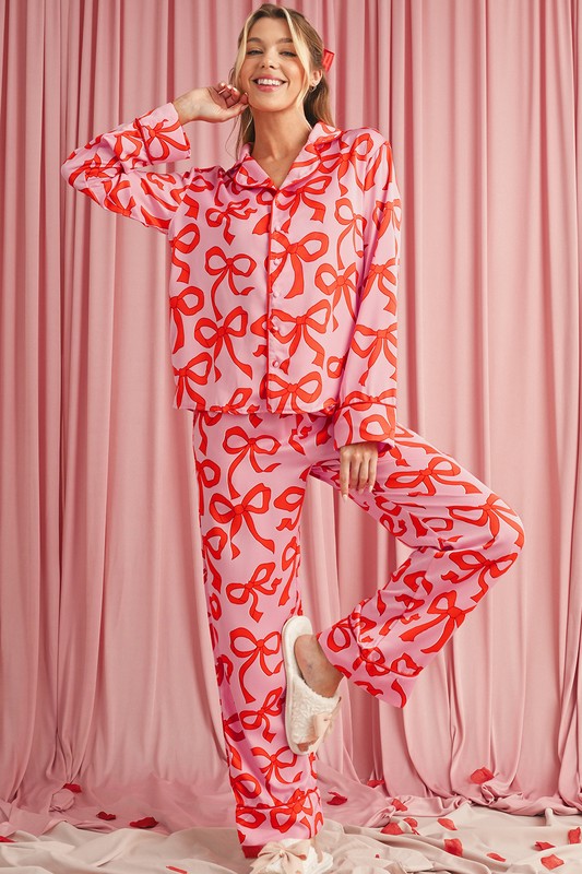 SHEWIN INC. Pink SW626600-P1020 / S Bow Button Up and Loose Pants Pajama Set