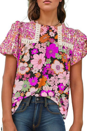 Bubble Sleeve Lace Trim Floral Mixed Print Blouse