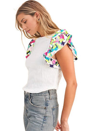 Voluminous Printed Puff Sleeve Textured Top