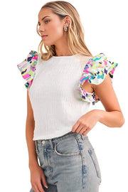 Voluminous Printed Puff Sleeve Textured Top