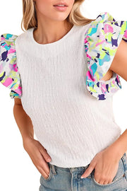 Voluminous Printed Puff Sleeve Textured Top