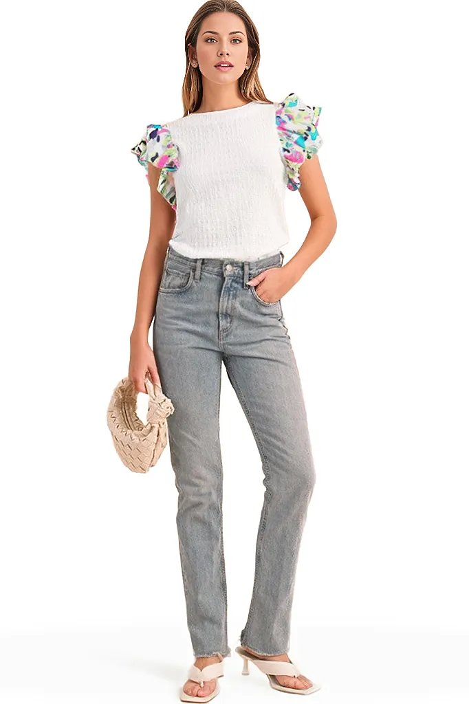 Voluminous Printed Puff Sleeve Textured Top