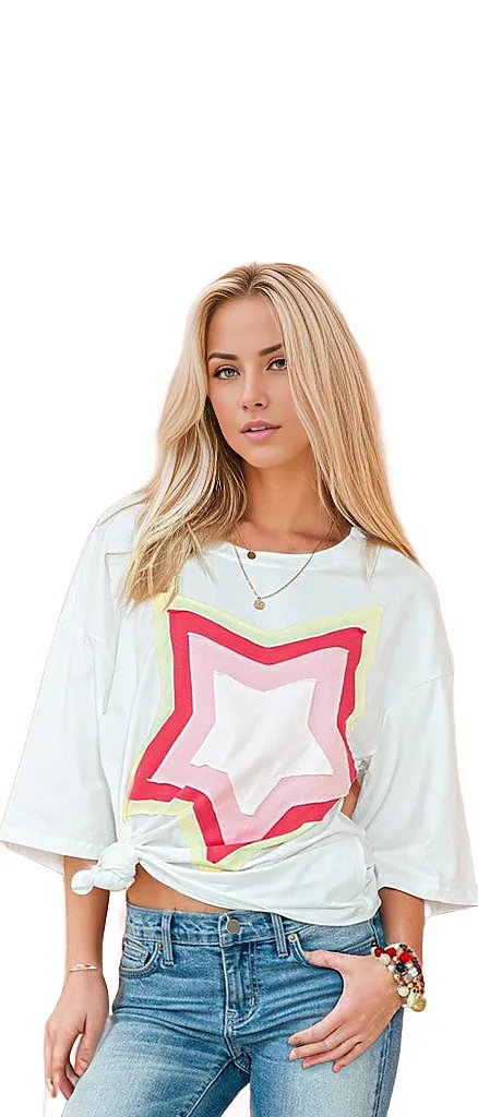 SHEWIN INC. T-shirts WHITE SW25224353-P1 / S Colorblock Star Patched Half Sleeve Oversized Tee