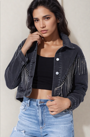 Sweet Generis Coats & Jackets Black / S Cropped Denim Jacket With Rhinestone Fringe