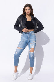 Sweet Generis Coats & Jackets Cropped Denim Jacket With Rhinestone Fringe