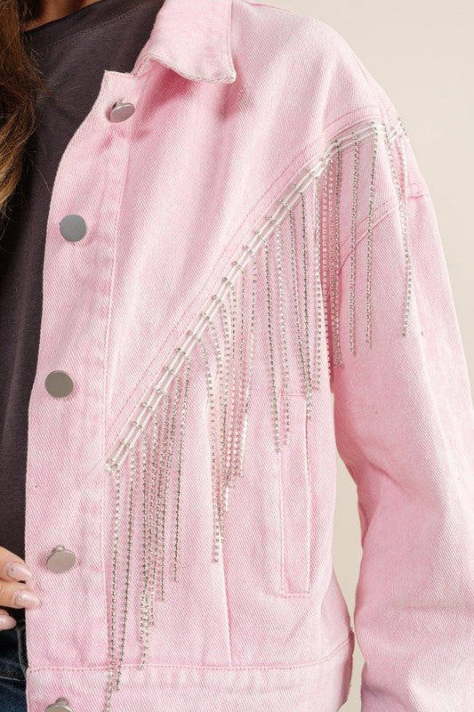 Sweet Generis Coats & Jackets Cropped Denim Jacket With Rhinestone Fringe