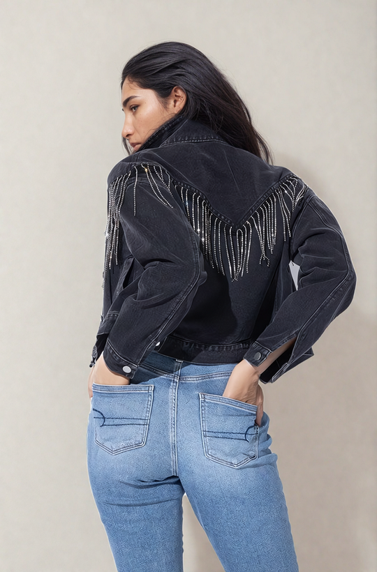 Cropped Denim Jacket With Rhinestone Fringe