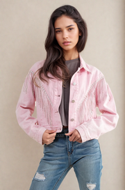 Sweet Generis Coats & Jackets Cropped Denim Jacket With Rhinestone Fringe