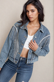 Cropped Denim Jacket With Rhinestone Fringe