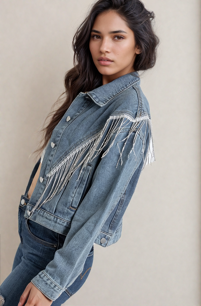 Sweet Generis Coats & Jackets Medium Denim / S Cropped Denim Jacket With Rhinestone Fringe