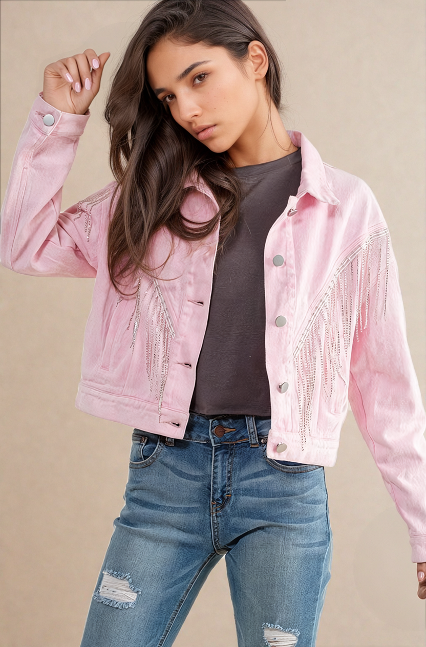 Sweet Generis Coats & Jackets Pink / S Cropped Denim Jacket With Rhinestone Fringe