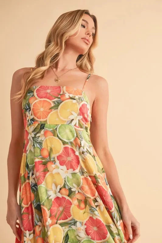 Trendsi Aemi + Co Fruit Print Square Neck Maxi Cami Dress