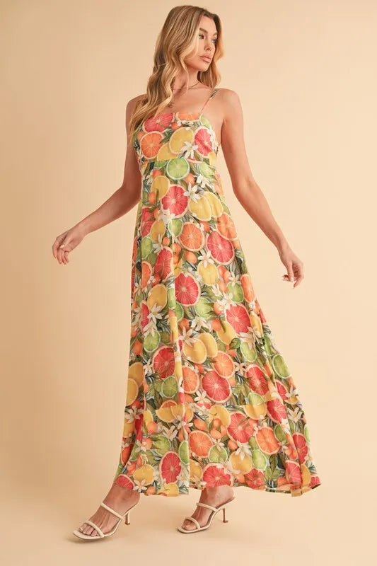 Trendsi Aemi + Co Fruit Print Square Neck Maxi Cami Dress