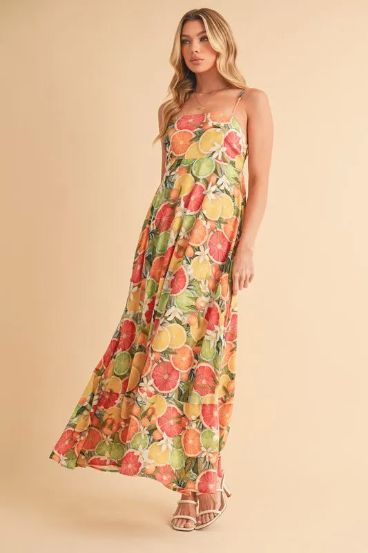 Trendsi Aemi + Co Fruit Print Square Neck Maxi Cami Dress