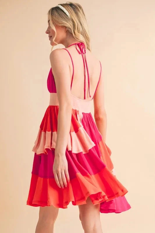 Trendsi Aemi+Co Ruffled Color Block Sleeveless Mini Dress