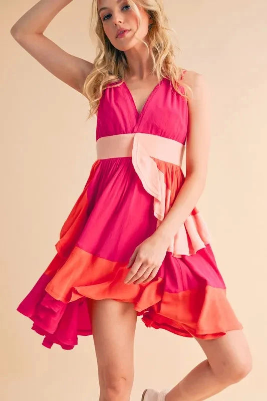Trendsi Aemi+Co Ruffled Color Block Sleeveless Mini Dress