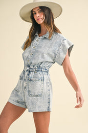 Trendsi Annie Wear Elastic Waistband Short Sleeve Denim Romper