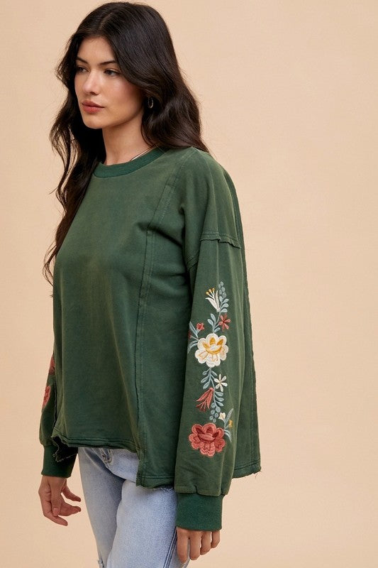 Trendsi Annie Wear Embroidered Long Sleeve French Terry Top