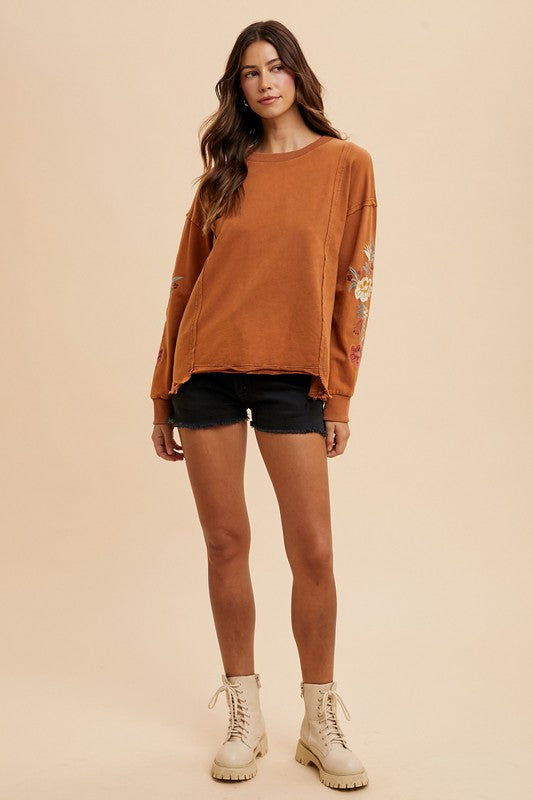 Trendsi Annie Wear Embroidered Long Sleeve French Terry Top