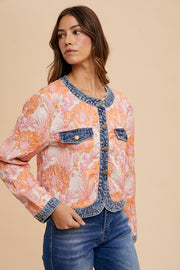 Trendsi Annie Wear Floral Jacquard Denim Contrast Button Down Jacket