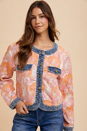 Trendsi Annie Wear Floral Jacquard Denim Contrast Button Down Jacket