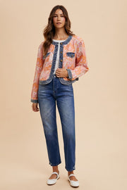 Trendsi Annie Wear Floral Jacquard Denim Contrast Button Down Jacket