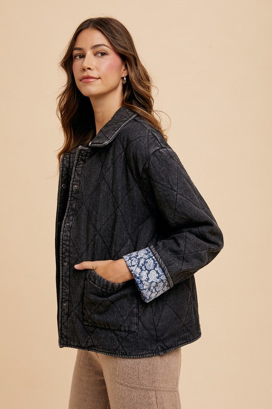 Trendsi Annie Wear Quilted Printed Lining Snap Down Denim Jacket