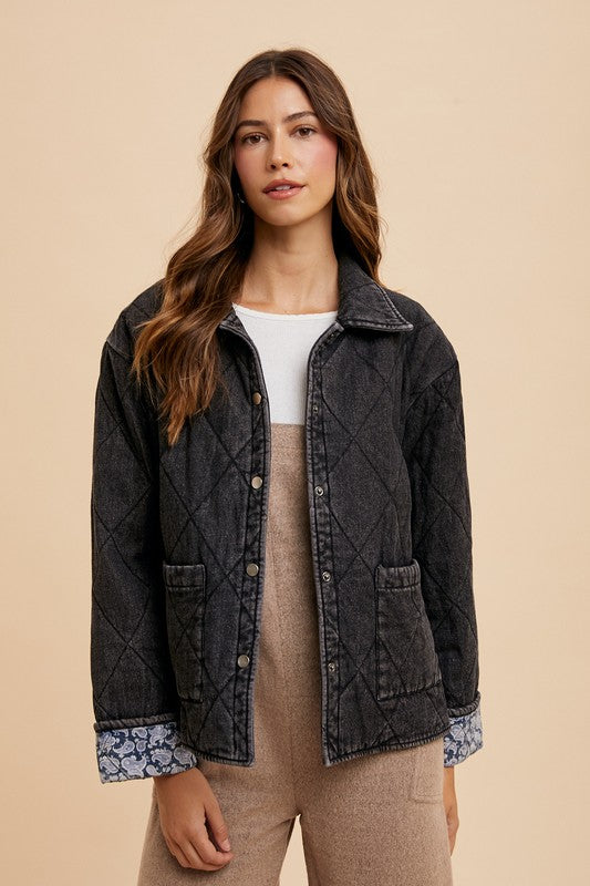 Trendsi Annie Wear Quilted Printed Lining Snap Down Denim Jacket