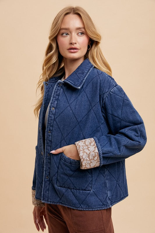 Trendsi Annie Wear Quilted Printed Lining Snap Down Denim Jacket