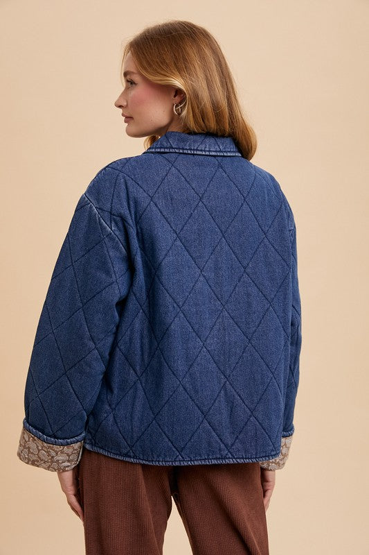 Trendsi Annie Wear Quilted Printed Lining Snap Down Denim Jacket