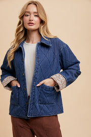 Trendsi Annie Wear Quilted Printed Lining Snap Down Denim Jacket