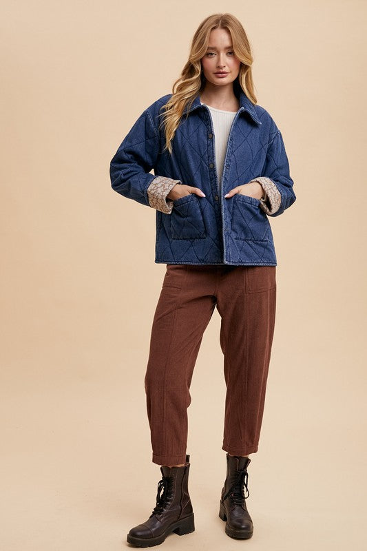 Trendsi Annie Wear Quilted Printed Lining Snap Down Denim Jacket