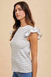 Trendsi Annie Wear Ruffled Striped Round Neck Cap Sleeve Knit Top