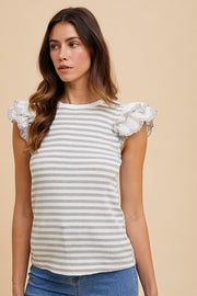 Trendsi Annie Wear Ruffled Striped Round Neck Cap Sleeve Knit Top